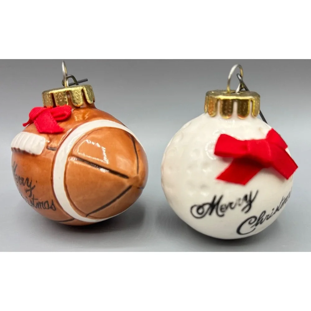 Vtg 4 Pc Sports Themed Christmas Ornaments Tennis Football Golf Baseball Ceramic